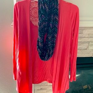 Coral cardigan with colorful infinity scarf